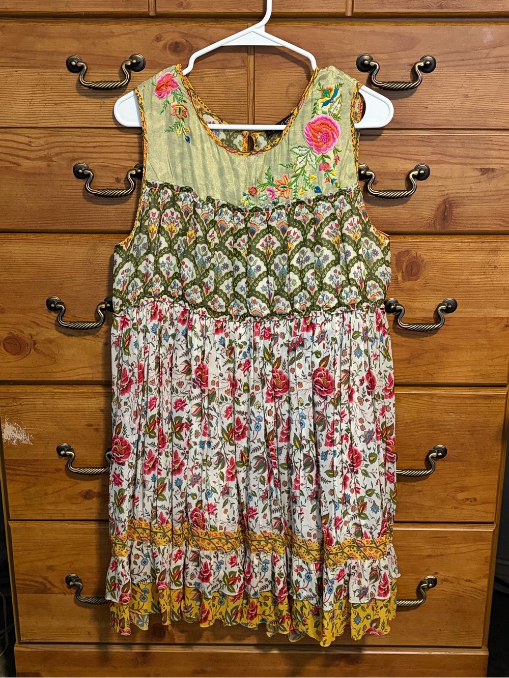 Bohemian Floral Midi Dress - Green & Cream